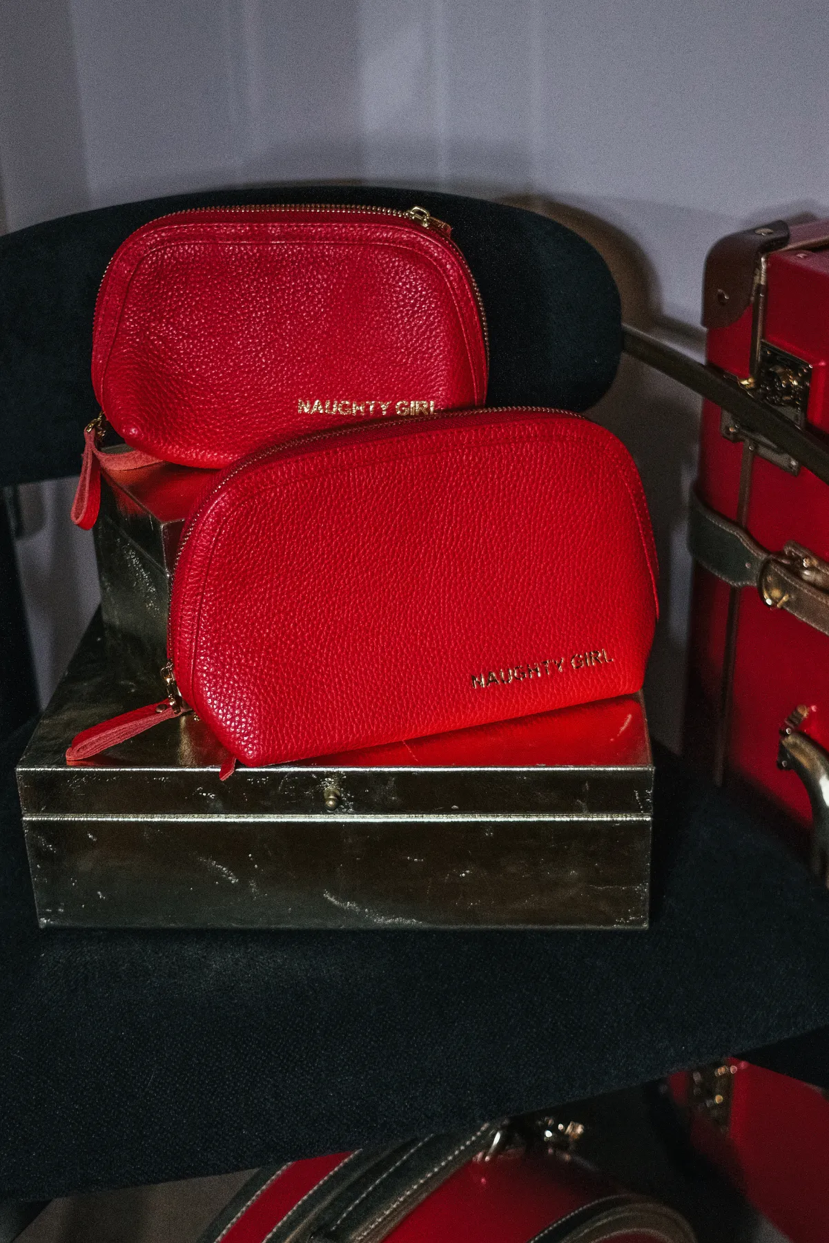 Red Leather Makeup Bag Large