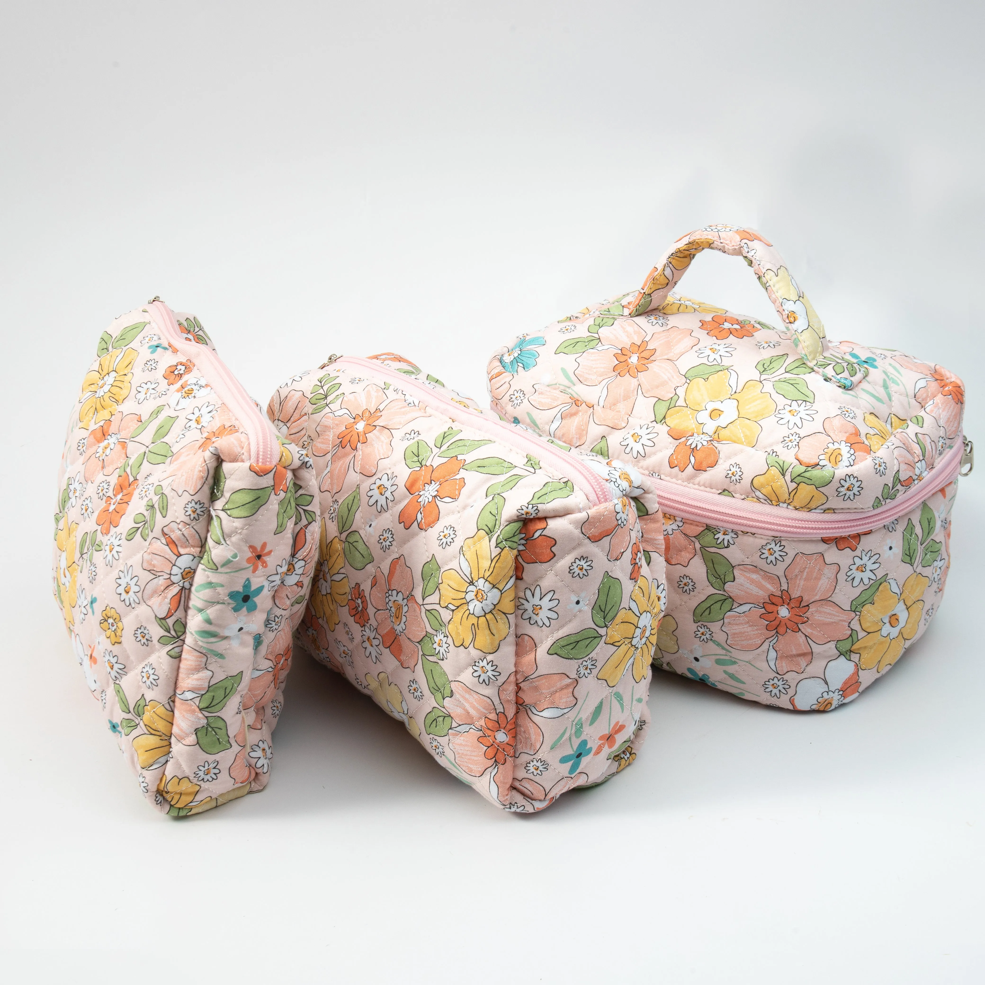 Small Cosmetic Bag With Floral Quilted Makeup Pouch - Travel Toiletry Organizer