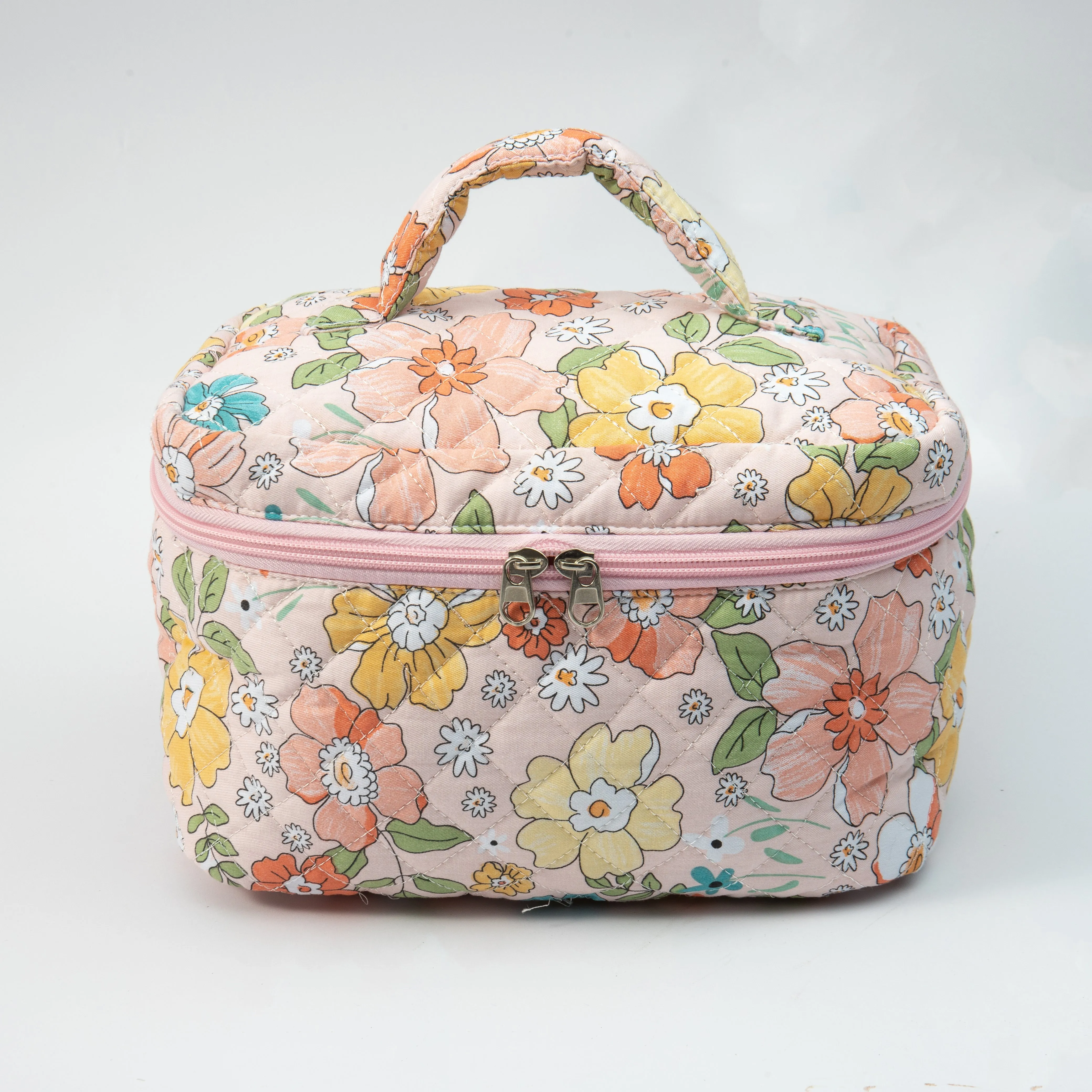 Small Cosmetic Bag With Floral Quilted Makeup Pouch - Travel Toiletry Organizer