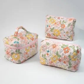 Small Cosmetic Bag With Floral Quilted Makeup Pouch - Travel Toiletry Organizer