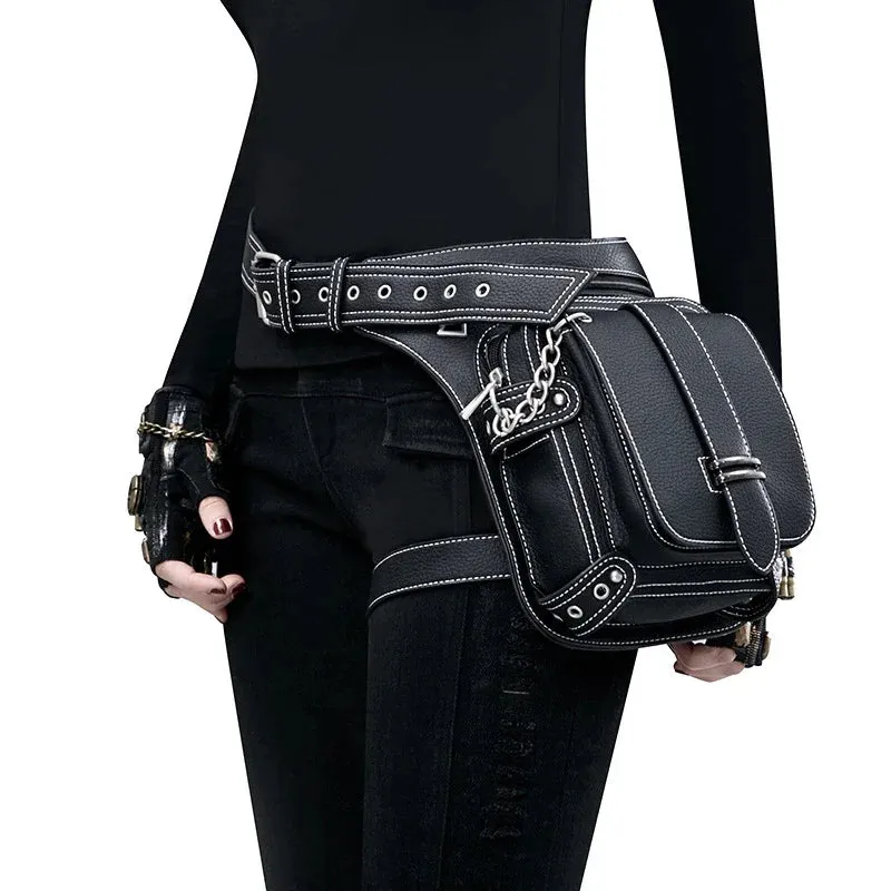 Steampunk Rock Waist Leg Hip Belt Motorcycle Fanny Packs Multi Chain Rivet Bag