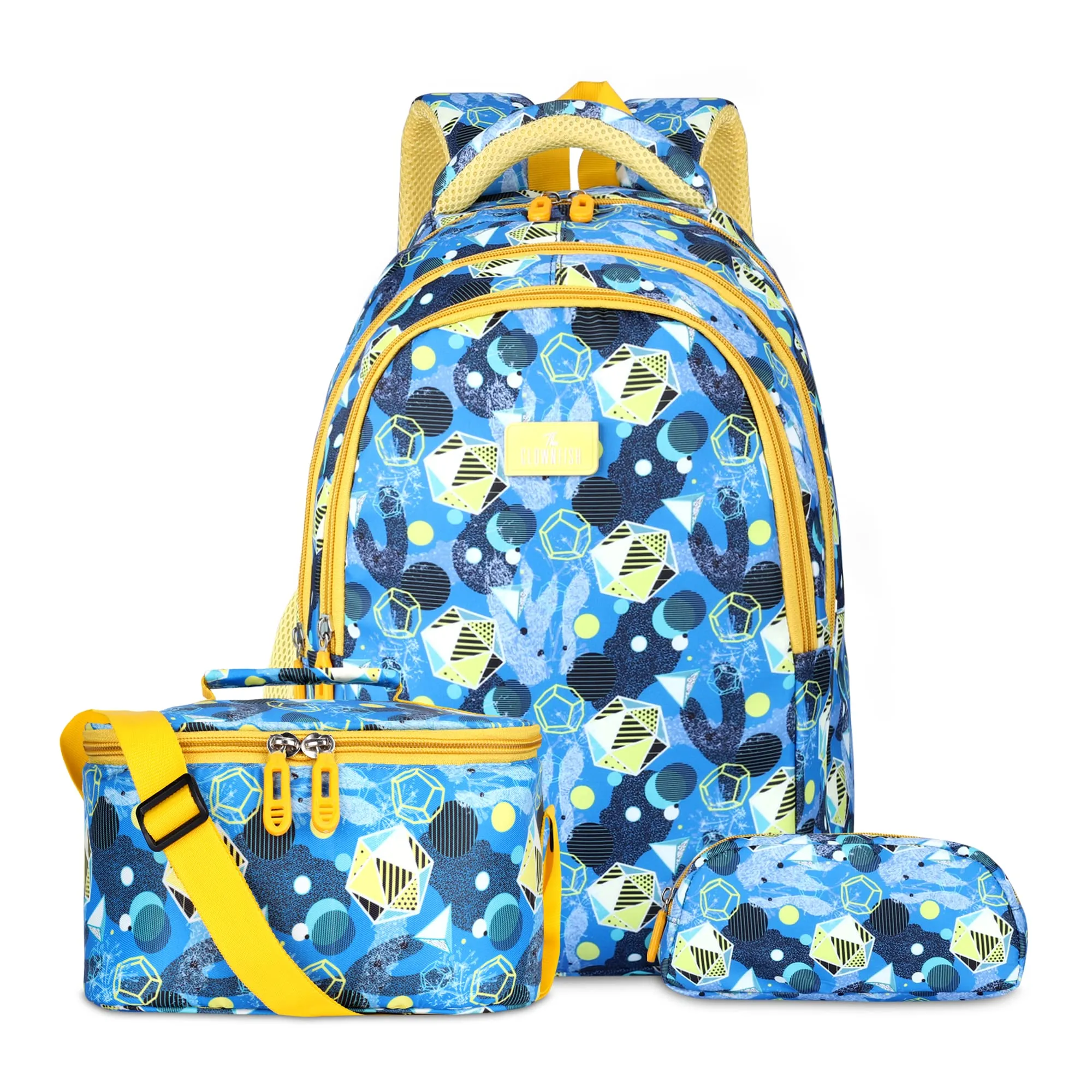 THE CLOWNFISH Fuel & Focus Series Printed Polyester 30 L School Backpack with Pencil/Staionery Pouch & Lunch/Tiffin Bag School Bag Daypack Trio For School Going Boys & Girls (Light Blue)