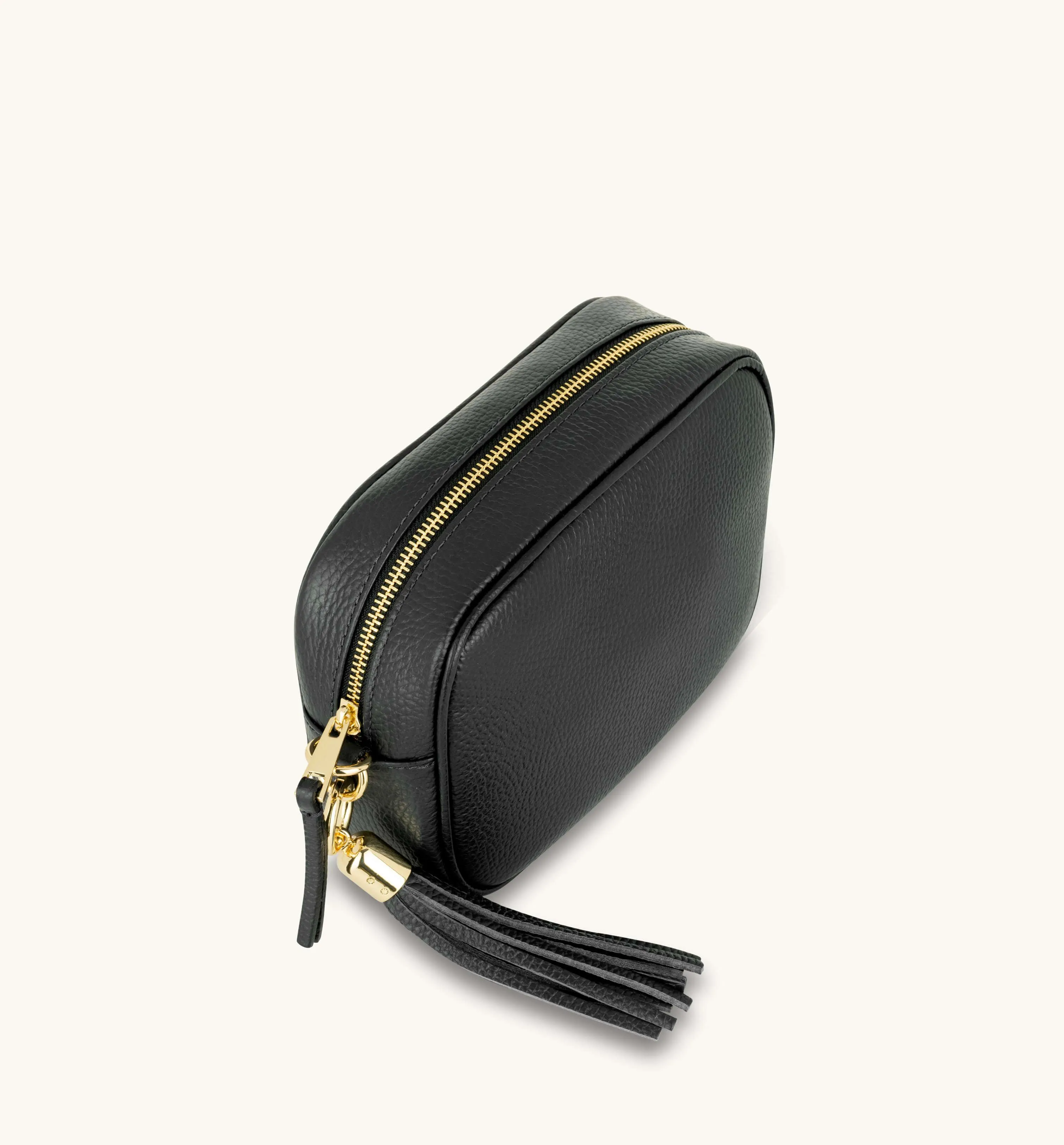 The Tassel Black Leather Crossbody Bag With Black & Silver Chevron Strap