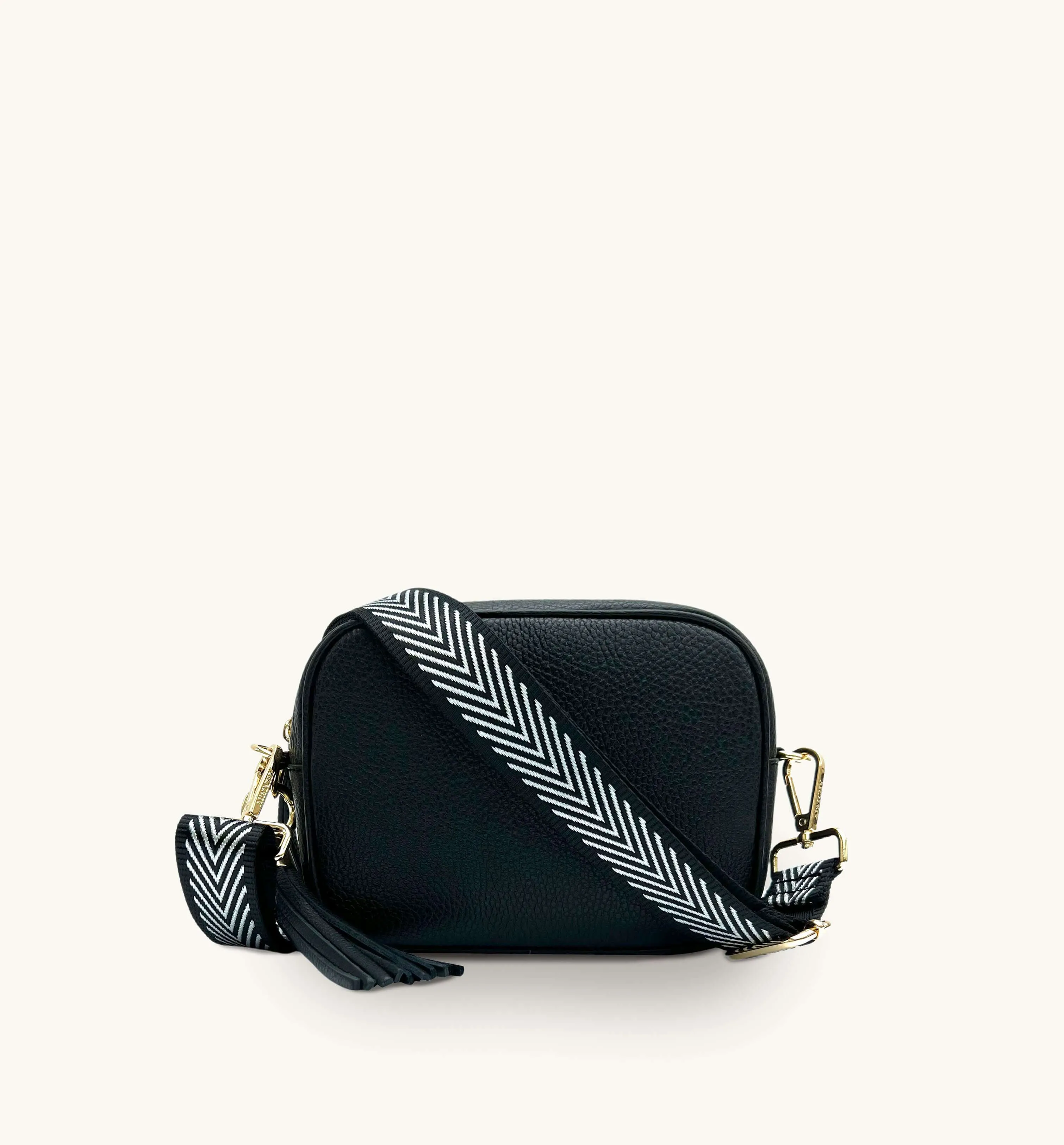 The Tassel Black Leather Crossbody Bag With Black & Silver Chevron Strap