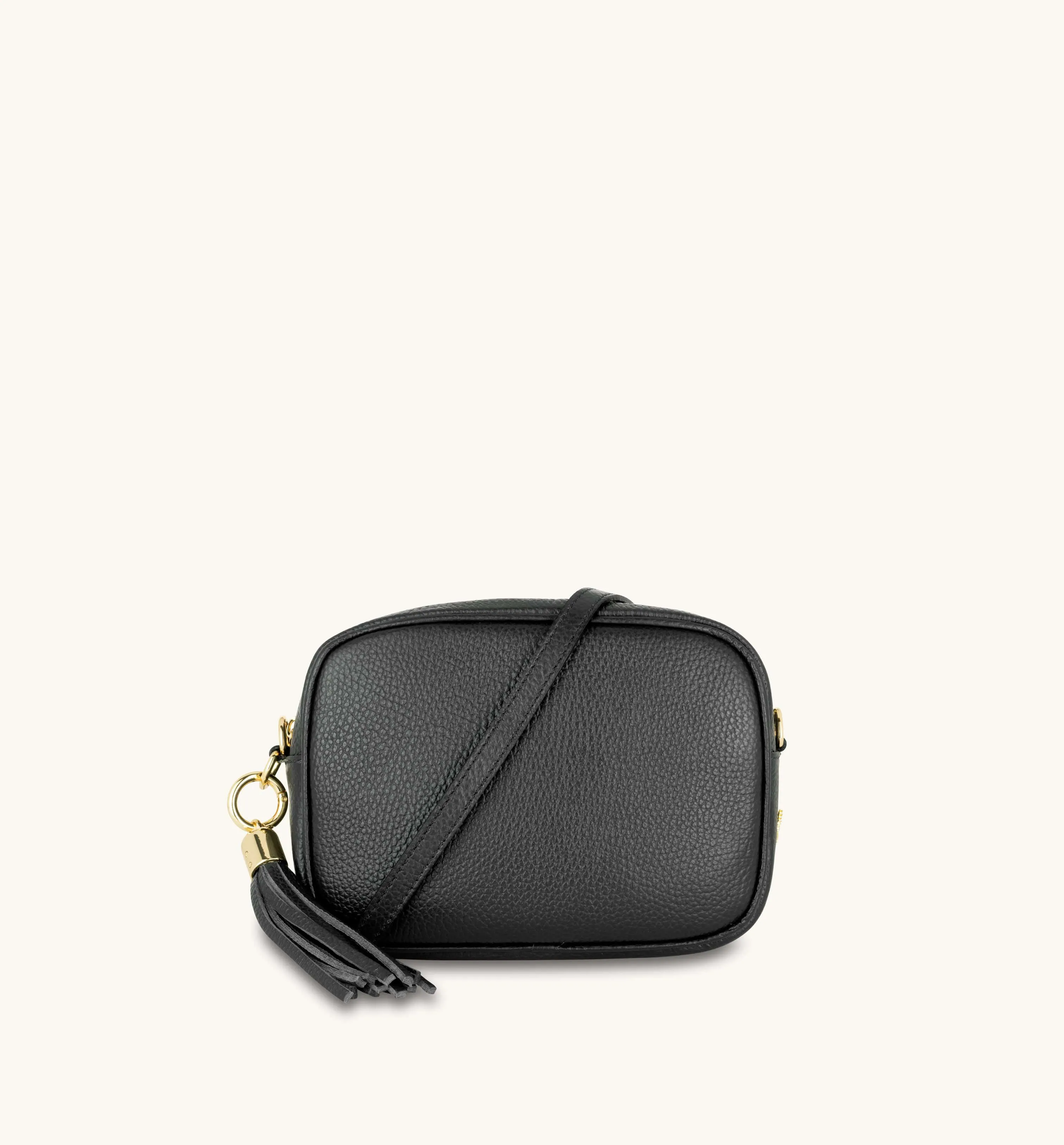 The Tassel Black Leather Crossbody Bag With Black & Silver Chevron Strap