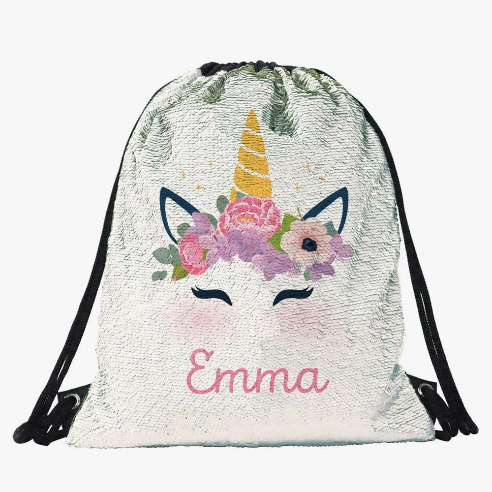 Unicorn Custom Kids Sequin Drawstring Bag | Personalized Backpacks