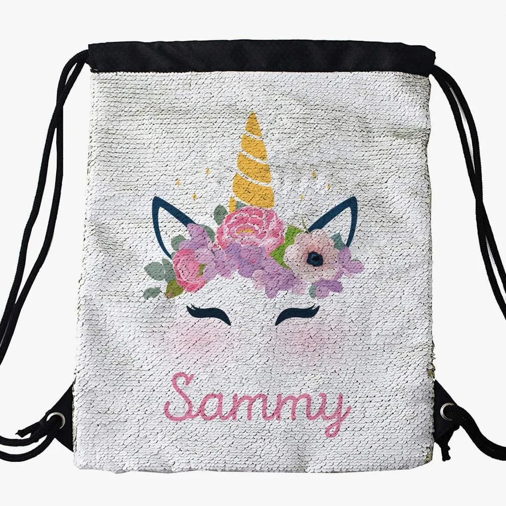 Unicorn Custom Kids Sequin Drawstring Bag | Personalized Backpacks