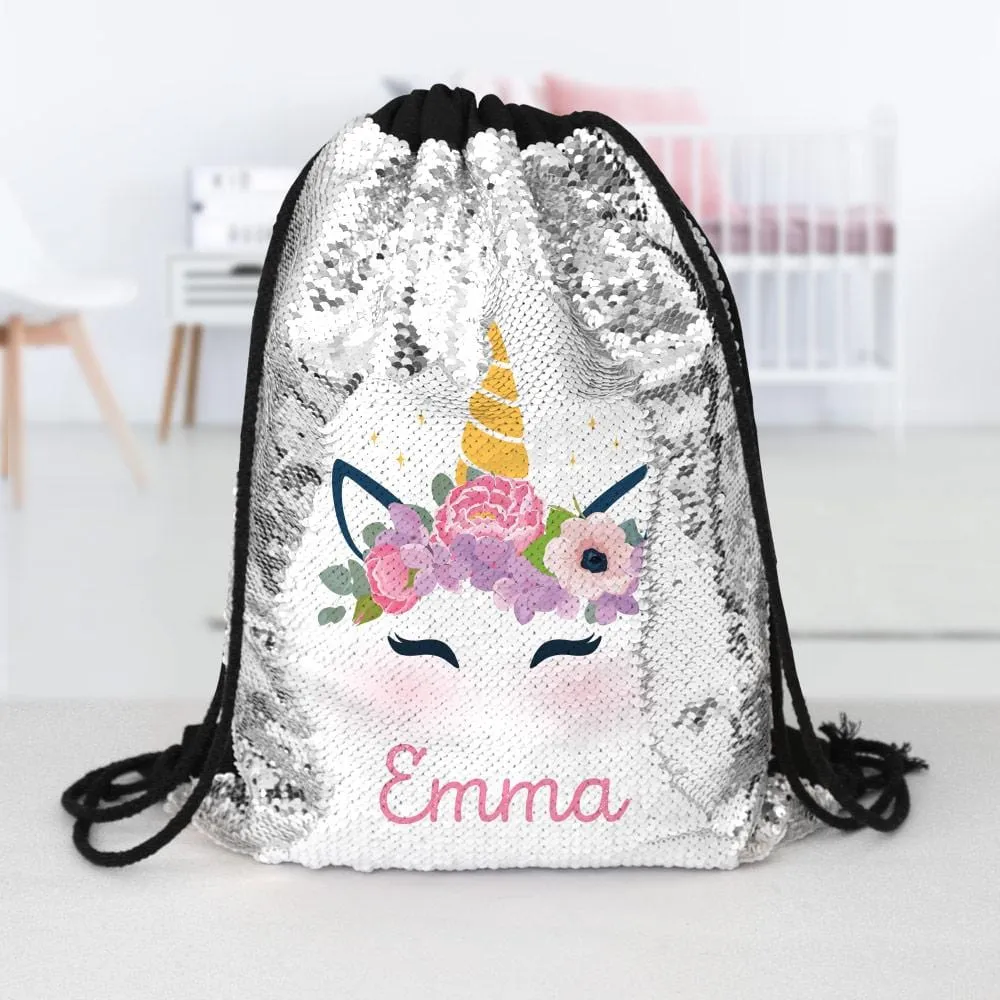 Unicorn Custom Kids Sequin Drawstring Bag | Personalized Backpacks