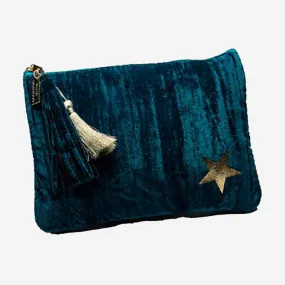 VELVET CLUTCH WITH STAR PRINT AND TASSLES TEAL