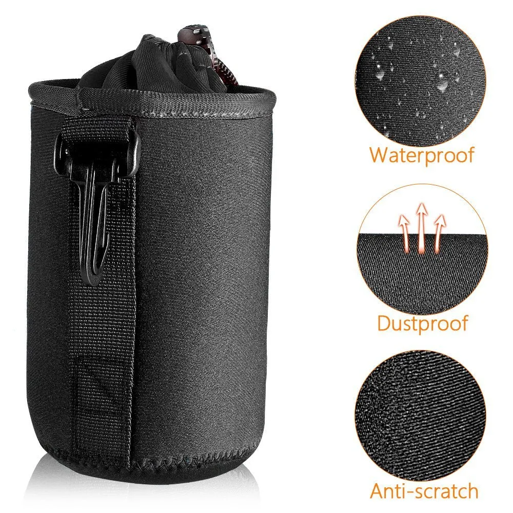 Waterproof Camera Lens Bag Drawstring Bag with S M L XL Size for Canon Sony Nikon DSLR Camera Lens Barrel Case with Hook