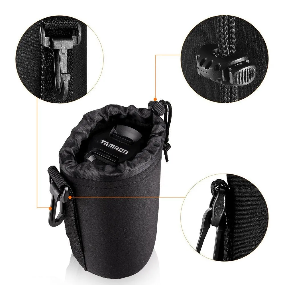 Waterproof Camera Lens Bag Drawstring Bag with S M L XL Size for Canon Sony Nikon DSLR Camera Lens Barrel Case with Hook