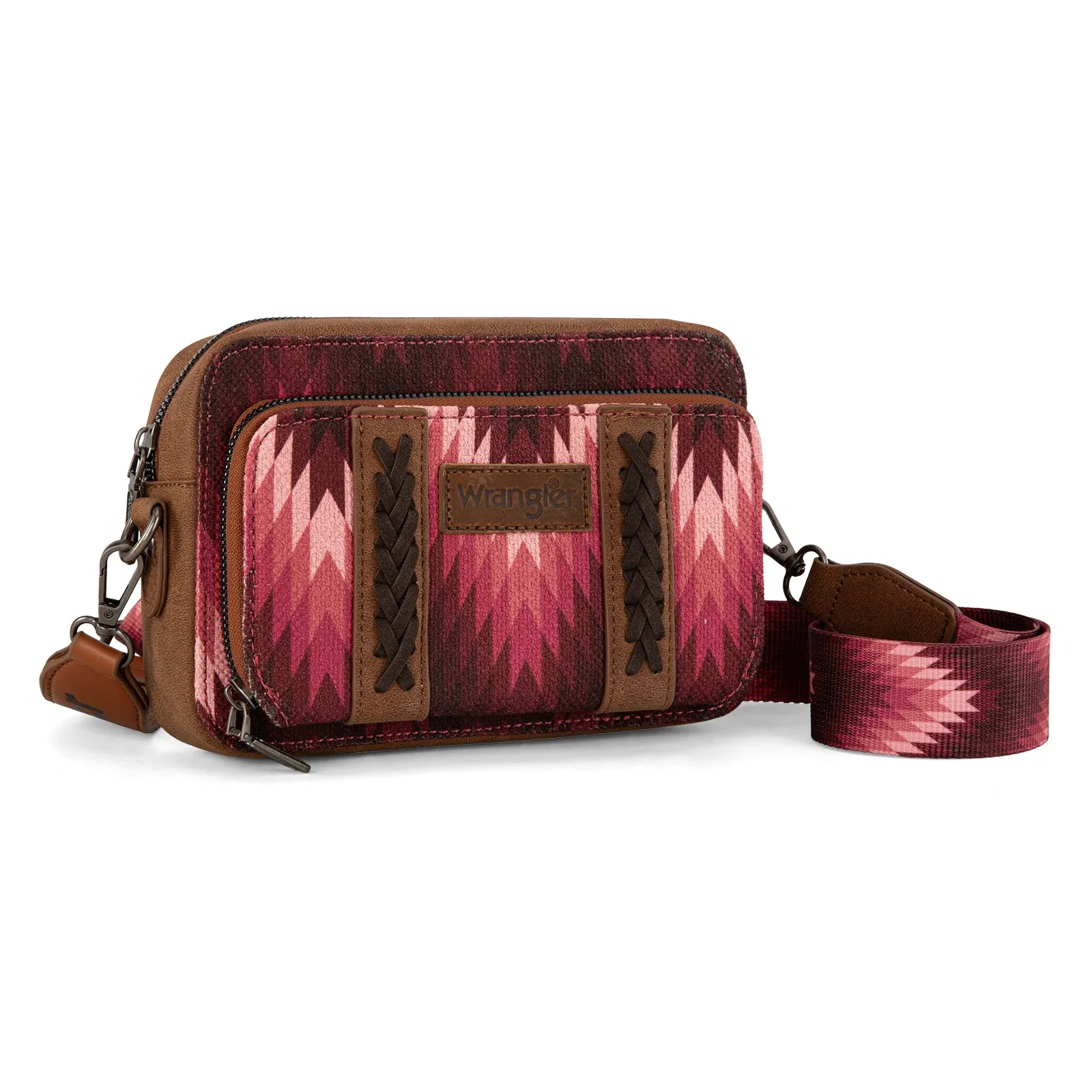 WG2211-3003  Wrangler Southwestern Pattern Dual Sided Print Crossbody Purse With Wallet Compartment -Dark Pink