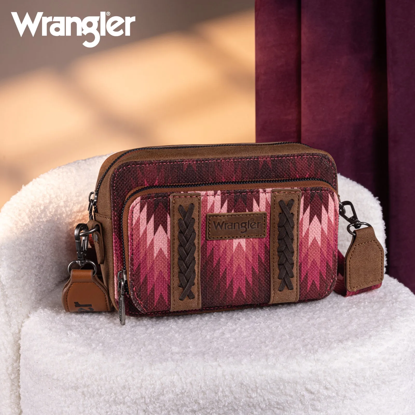 WG2211-3003  Wrangler Southwestern Pattern Dual Sided Print Crossbody Purse With Wallet Compartment -Dark Pink