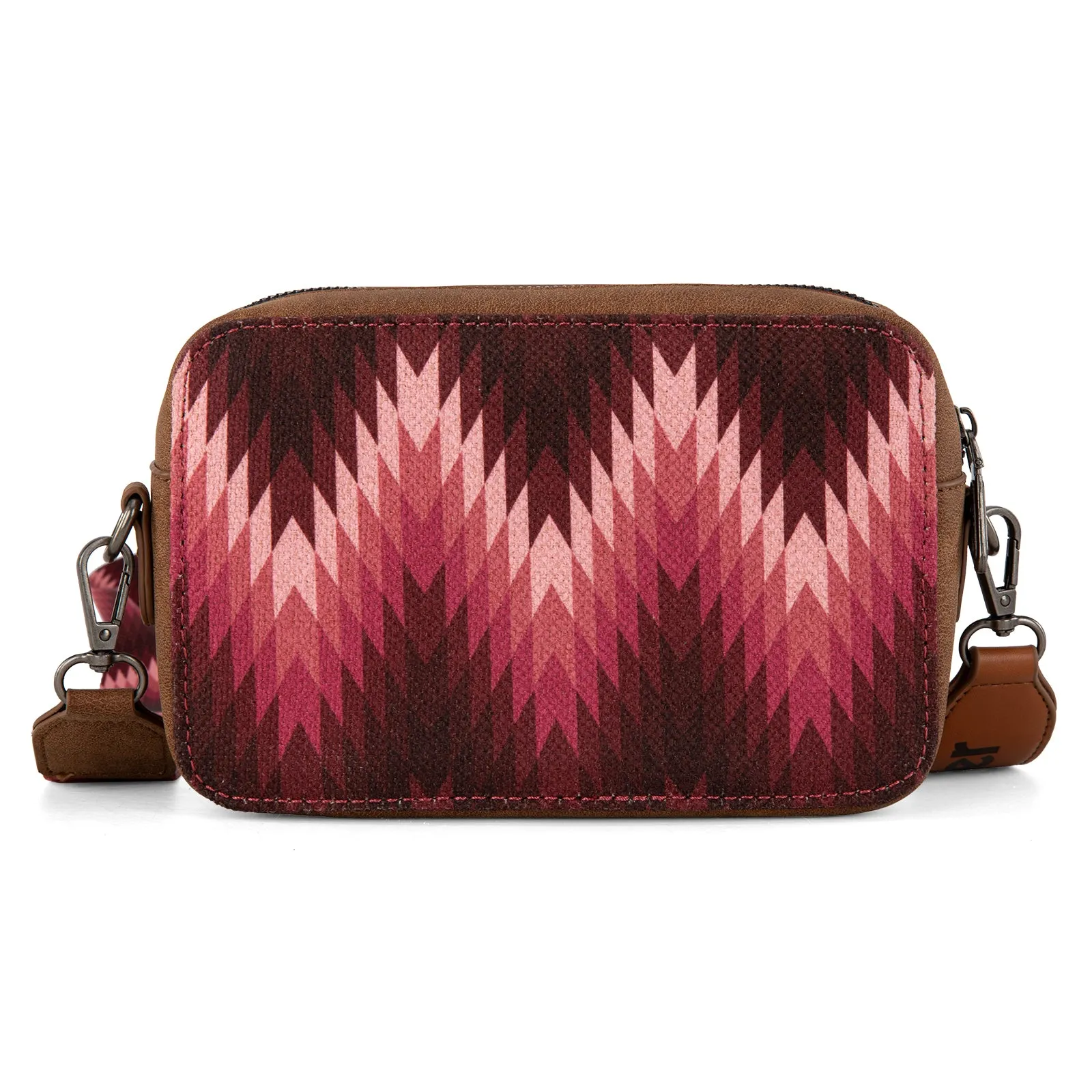 WG2211-3003  Wrangler Southwestern Pattern Dual Sided Print Crossbody Purse With Wallet Compartment -Dark Pink