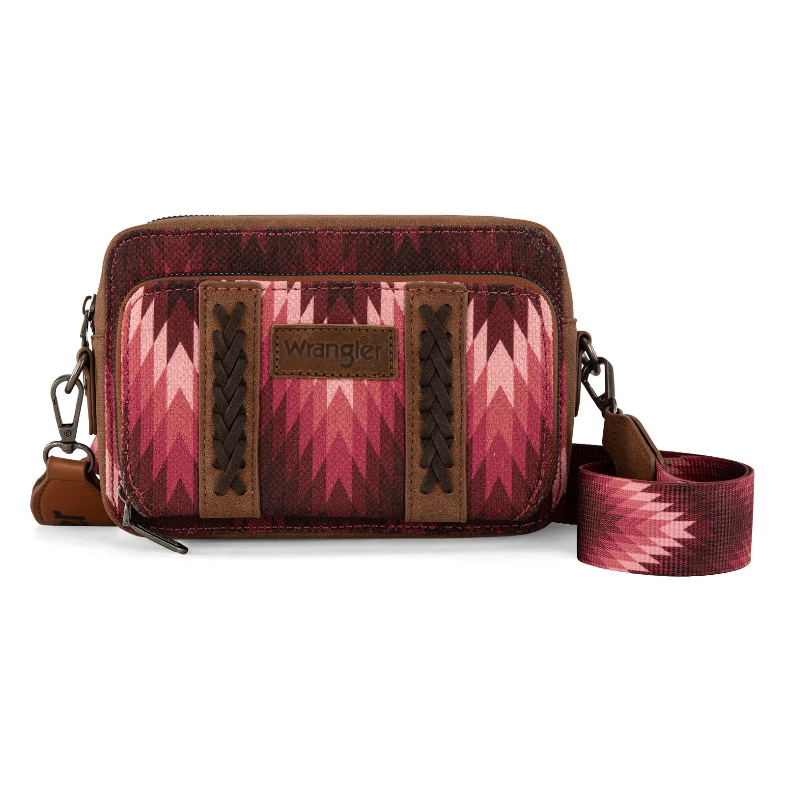 WG2211-3003  Wrangler Southwestern Pattern Dual Sided Print Crossbody Purse With Wallet Compartment -Dark Pink