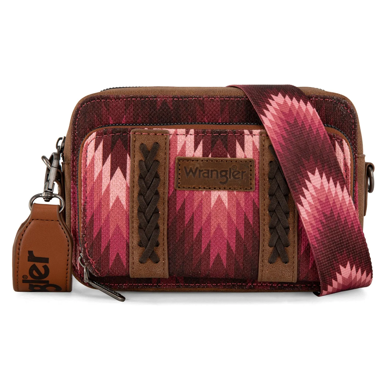 WG2211-3003  Wrangler Southwestern Pattern Dual Sided Print Crossbody Purse With Wallet Compartment -Dark Pink