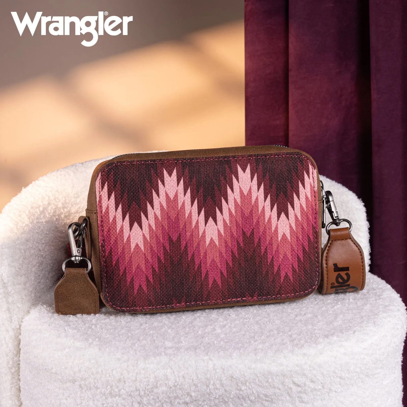 WG2211-3003  Wrangler Southwestern Pattern Dual Sided Print Crossbody Purse With Wallet Compartment -Dark Pink